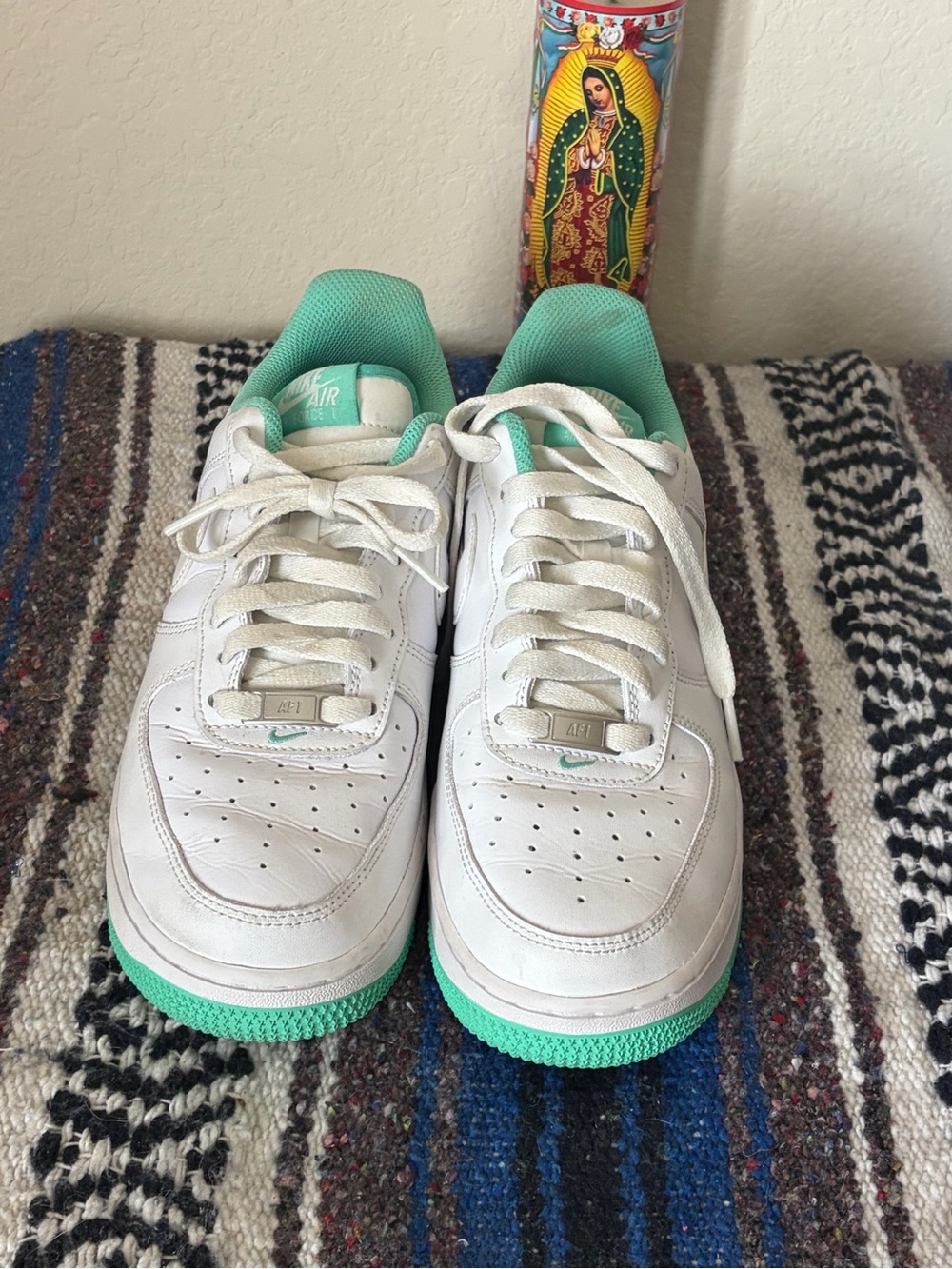 Nike Men’s White Air Force 1Sneakers with Teal Accents